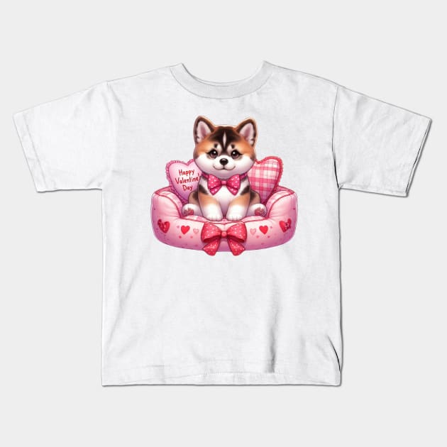 Valentine Akita Dog in Bed Kids T-Shirt by Chromatic Fusion Studio